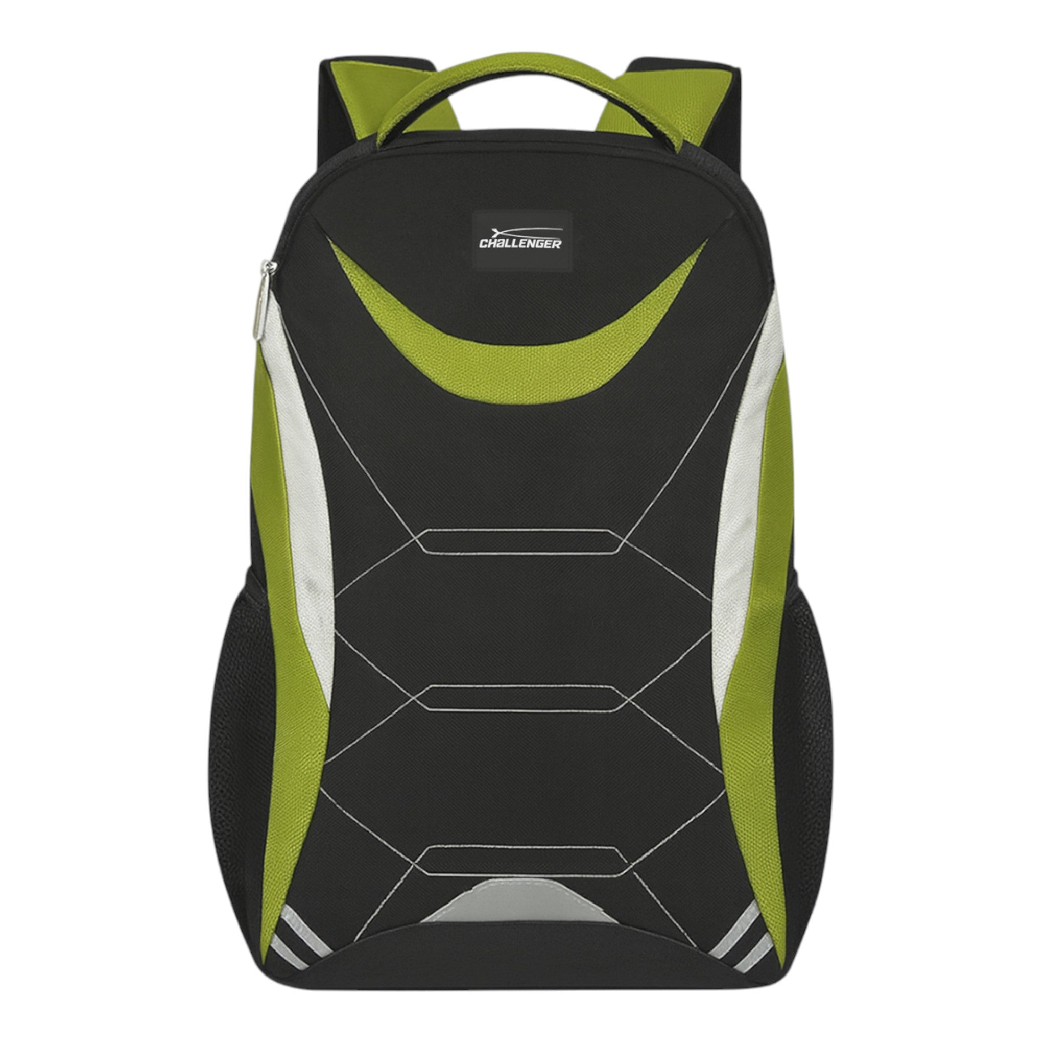 green and black Challenger dual compartment backpack with white detailing, padded shoulder straps, and side mesh pockets – ideal for school, work, or travel.